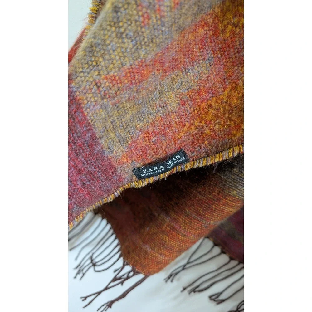 Zara Man Southwestern Geometric Print Poncho Wrap Fringe Earth Tones Size M